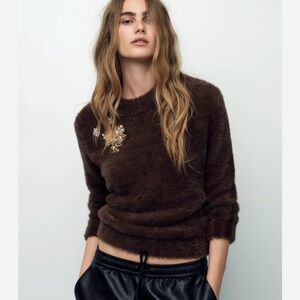 Zara Dark Brown Fuzzy Sweater with Floral Detail